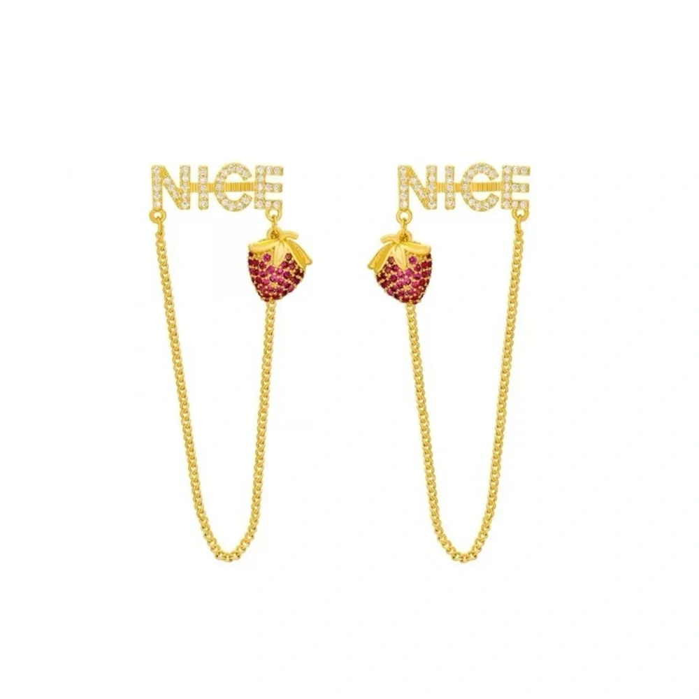 4/$15 Cute Rhinestones Gold and Pink Strawberry Chain Earrings